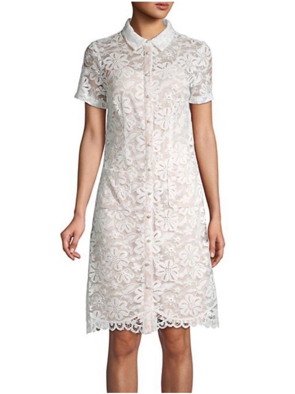Karl Lagerfeld Size 12 - White Floral Lace Button-Front Shirt Dress